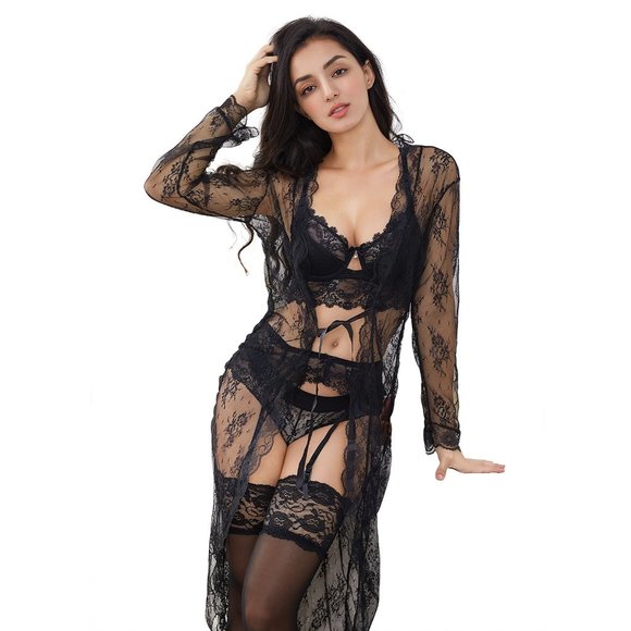 Lace Bra Set, Panties, And Transparent Robe Set 7 pcs - Picture 1 of 15